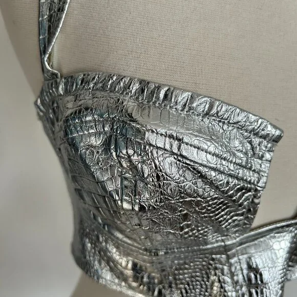 Pretty Little Things Bralette Silver Metallic Croc Halter Bustier NWT - Picture 6 of 12